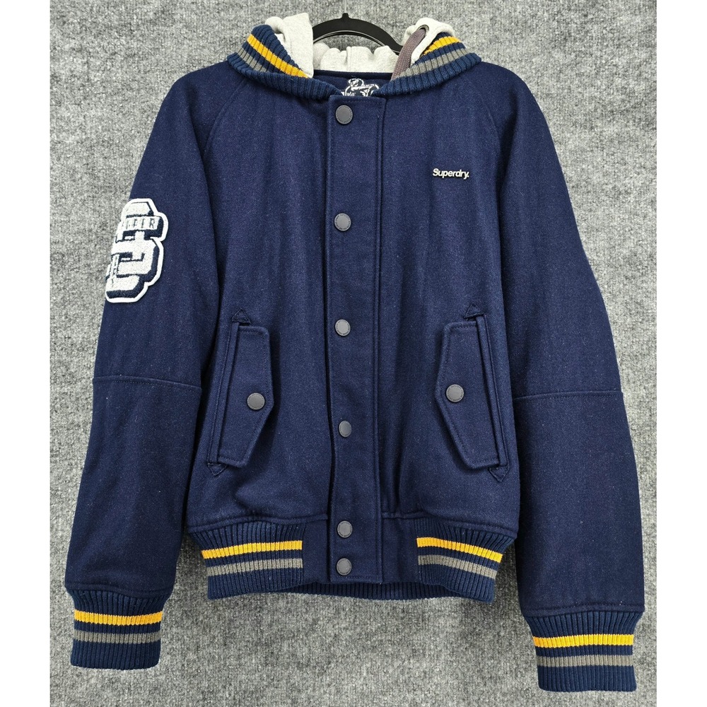 Superdry Stadium Jacket Mens L Navy Wool Blend Varsity Hooded Preppy Streetwear